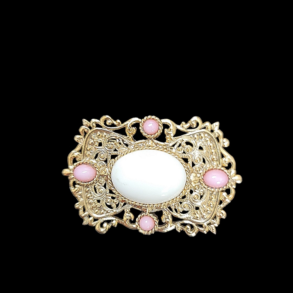 1928 Vintage Faux Ivory & Pale Pink Cabochons Goldtone Brooch Pin